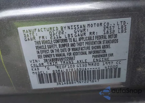 2022 Nissan Sentra S z USA, uszkodzony, nr VIN 3N1AB8BV9NY229847